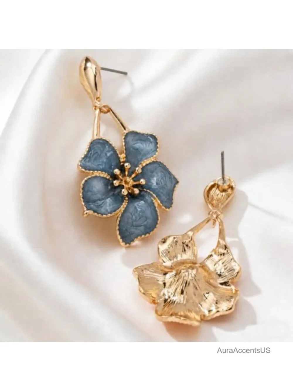 Gold Tone Floral Dangle Earrings, Oversized Flower Drop Earrings, Lightweight